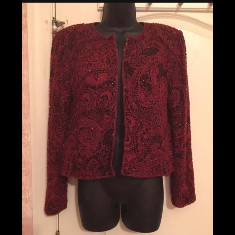 Never worn red silk with black beads and embroidery by Andretta Donatello